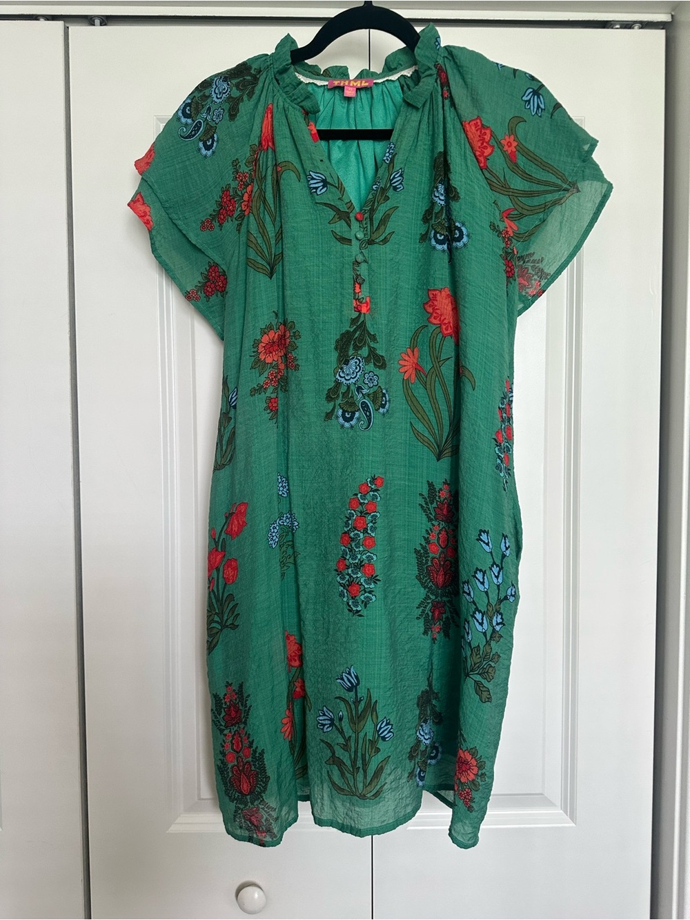 THML Green Floral Midi Dress with Red & Blue Blooms